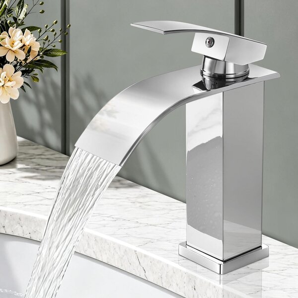 Miscelatore monocomando per lavabo, modello "waterfall", in acciaio inossidabile cromato, con attacco da 3/8"