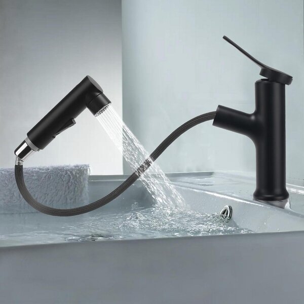 Miscelatore per lavabo estraibile, nero, in acciaio inossidabile, con tubo flessibile e doccetta, lunghezza 60 cm