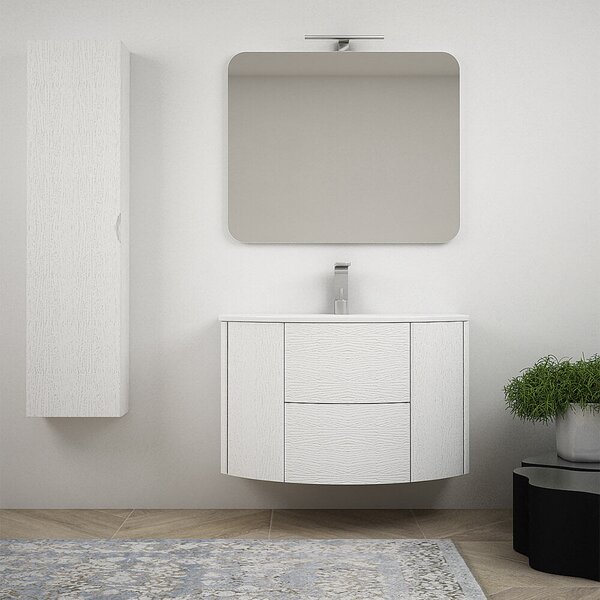Composizione mobile da bagno Bianco frassino 90 cm sospeso bombato con colonna da 140 cm