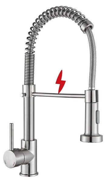 Miscelatore da cucina a bassa pressione, con arco alto e doccetta estraibile, finitura in nichel spazzolato, girevole a 360°, con 3 funzioni per scaldacqua istantaneo