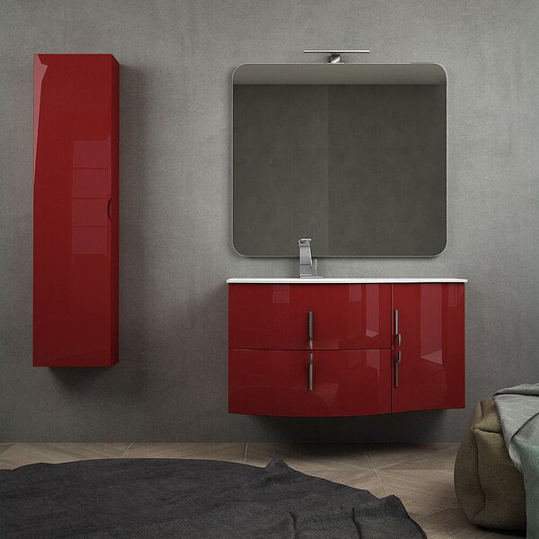 Mobile bagno sospeso rosso lucido 105 cm con colonna da 140 cm e lavabo a sinistra