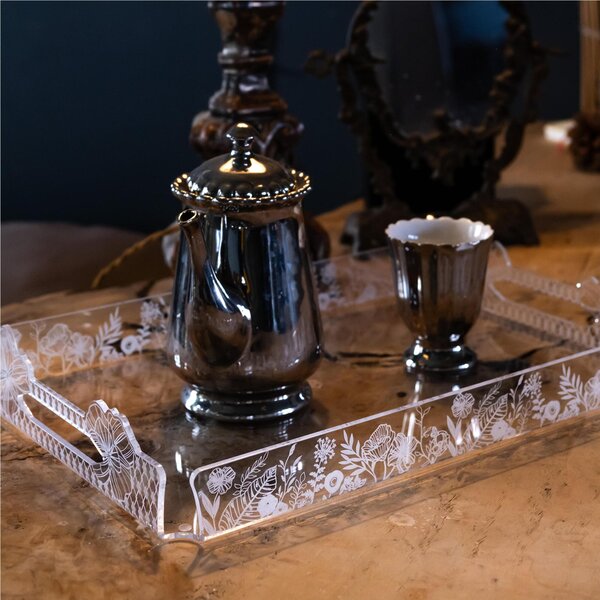 Vassoio Rettangolare Grande in cristallo acrilico LE JARDIN dimensioni 45x31xh 7,5 cm, (adatto x 12 Bicchieri o 8 tazzine caffe con piattino) multicolor