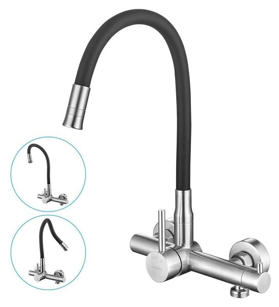 Miscelatore da cucina, montaggio a parete, attacco 3/4", colore nero grigio, modello a due manopole