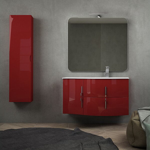 Mobile bagno sospeso rosso lucido 105 cm con colonna da 140 cm e lavabo a destra