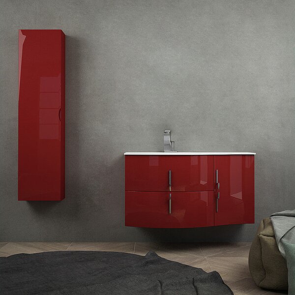 Mobile bagno sospeso rosso lucido 105 cm con colonna da 140 cm e lavabo a sinistra