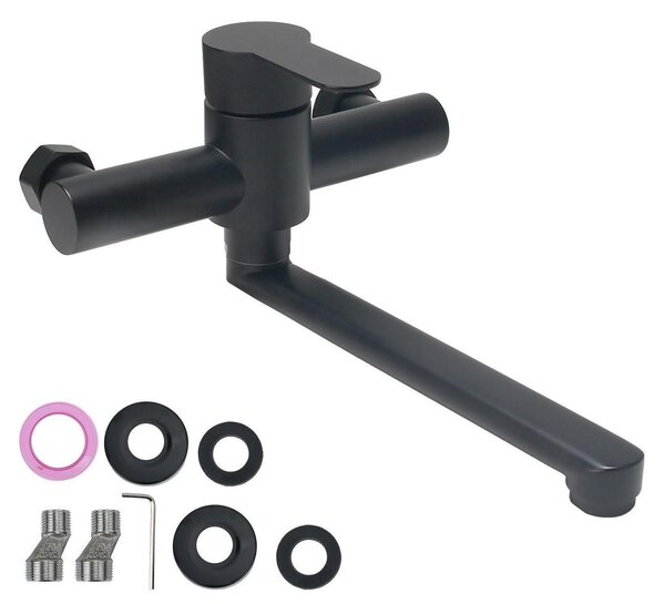 Miscelatore da cucina, montaggio a parete, altezza 23 cm, erogatore in acciaio inossidabile, rotazione a 360°, monocomando, colore nero