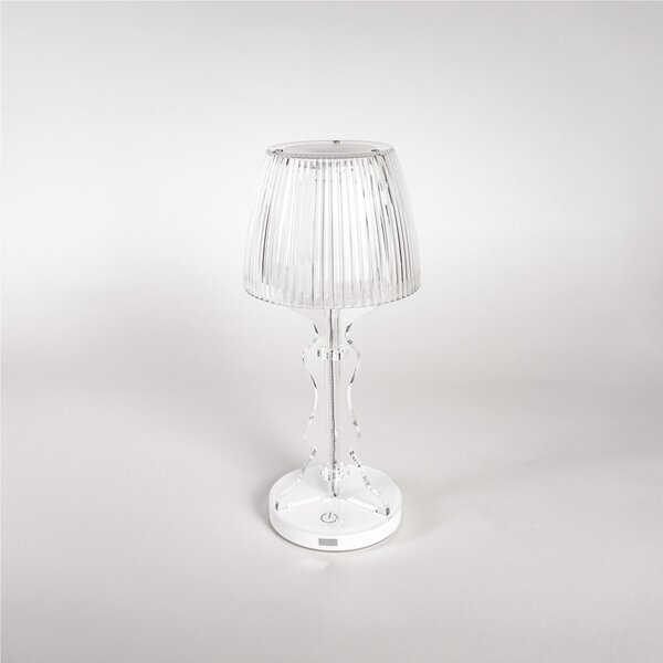 Lampada piccola MINI lady a led ricaricabile Dotata di interruttore Dimmer touch , dimensioni 14x14xH33 cm, Autonomia 8 ore spessore 6 mm trasparente