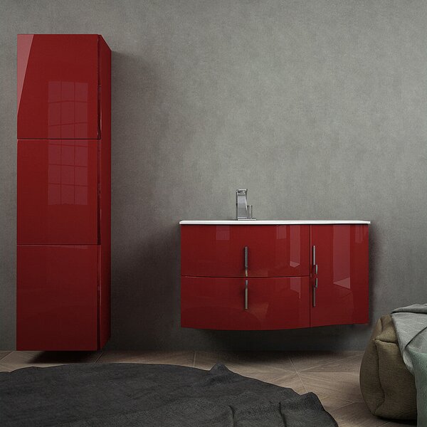 Mobile bagno sospeso rosso lucido 105 cm con colonna da 170 cm e lavabo a sinistra