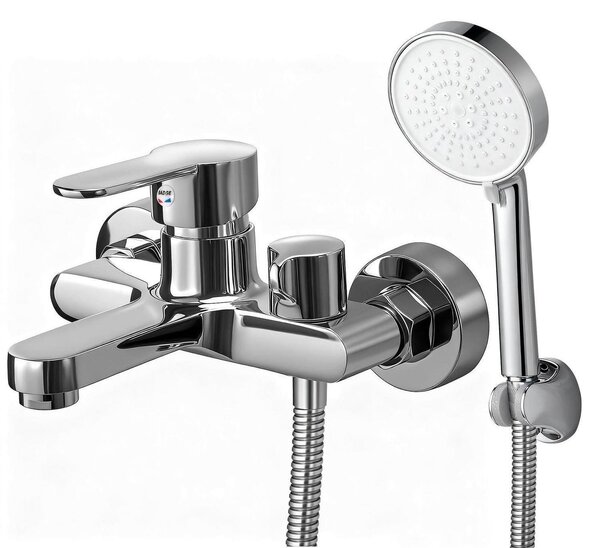 Miscelatore monocomando per vasca da bagno, da montare a parete, con doccetta manuale, in cromo e ottone