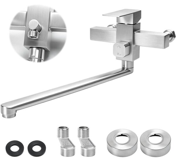 Miscelatore da cucina, montaggio a parete, 35 cm, braccio girevole a 360°, acciaio inossidabile 304, con beccuccio lungo