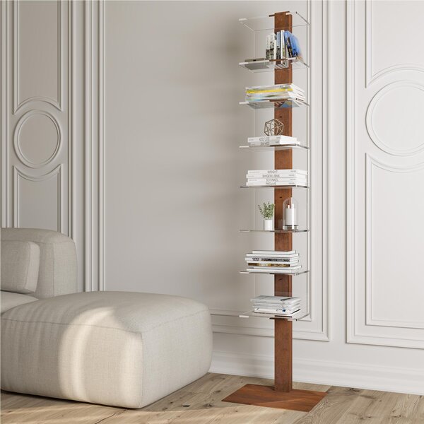 Libreria da terra moderna con struttura in acciaio e ripiani in plexiglass Tempus 39x34xh175 cm base e asta centrale Corten e metacrilato