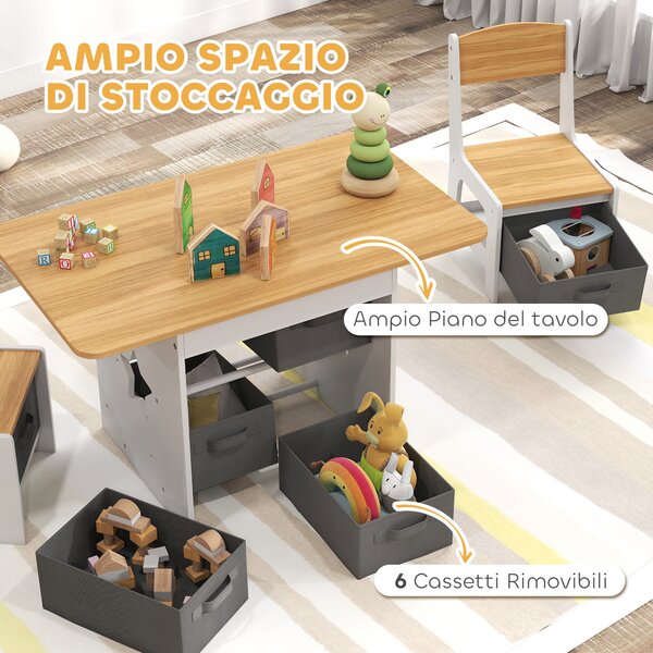 AIYAPLAY Set Tavolo Bambini con 2 Sedie, 6 Cassetti, 3-8 Anni, in Legno, per Cameretta Soggiorno, Color Legno | Aosom Italy