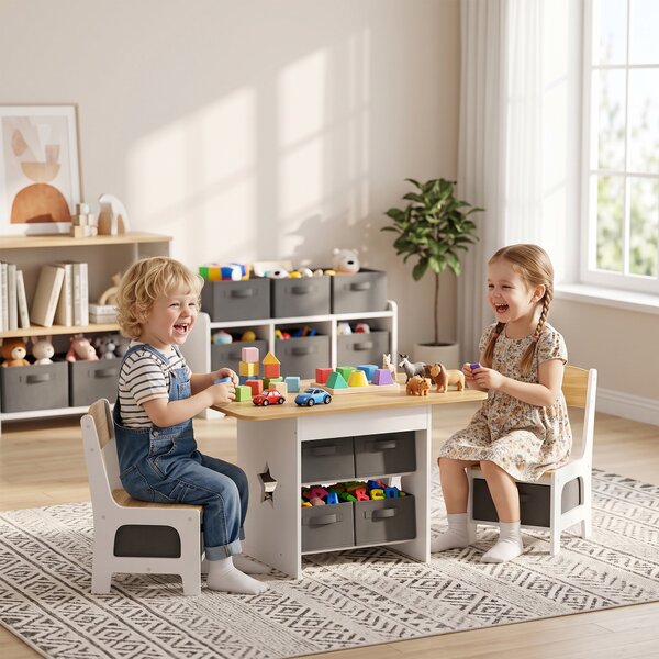 AIYAPLAY Set Tavolo Bambini con 2 Sedie, 6 Cassetti, 3-8 Anni, in Legno, per Cameretta Soggiorno, Color Legno | Aosom Italy