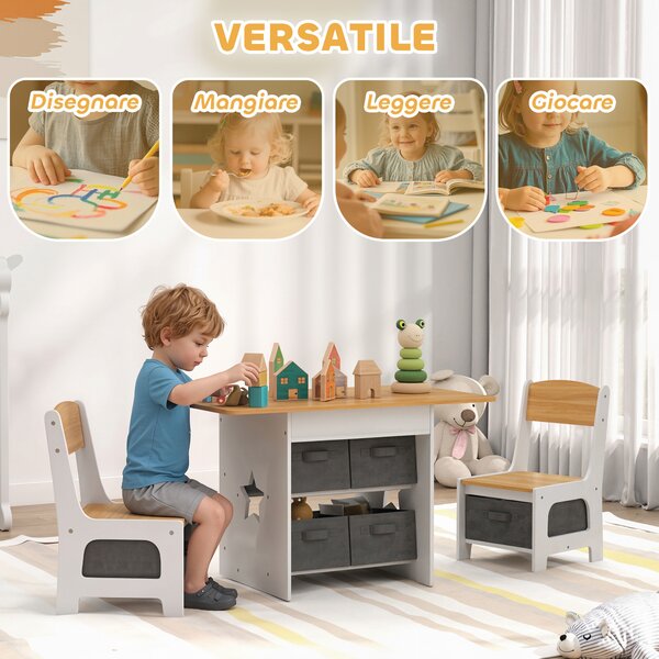 AIYAPLAY Set Tavolo Bambini con 2 Sedie, 6 Cassetti, 3-8 Anni, in Legno, per Cameretta Soggiorno, Color Legno | Aosom Italy