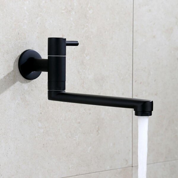 Rubinetto da cucina, montaggio a parete, solo acqua fredda, rotazione a 360°, bocca da 18 cm, acciaio inossidabile, colore nero