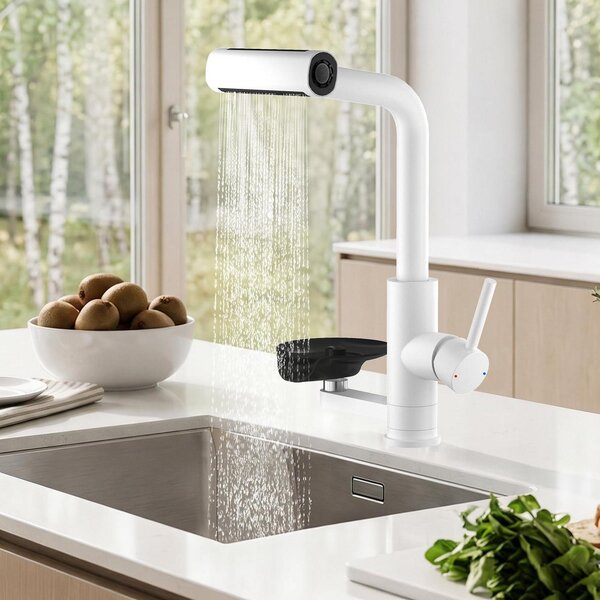 Miscelatore da cucina a cascata, estraibile, con getto spray, colore bianco, rotazione a 360°, realizzato in plastica ABS e acciaio inossidabile 304, attacco G3/8", foro da 33-40 mm