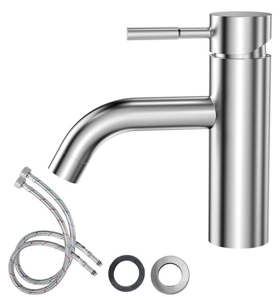 Miscelatore per lavabo da bagno, acciaio inossidabile spazzolato, finitura argento, erogatore curvo, valvola in Vetroceramica, miscelatore monocomando