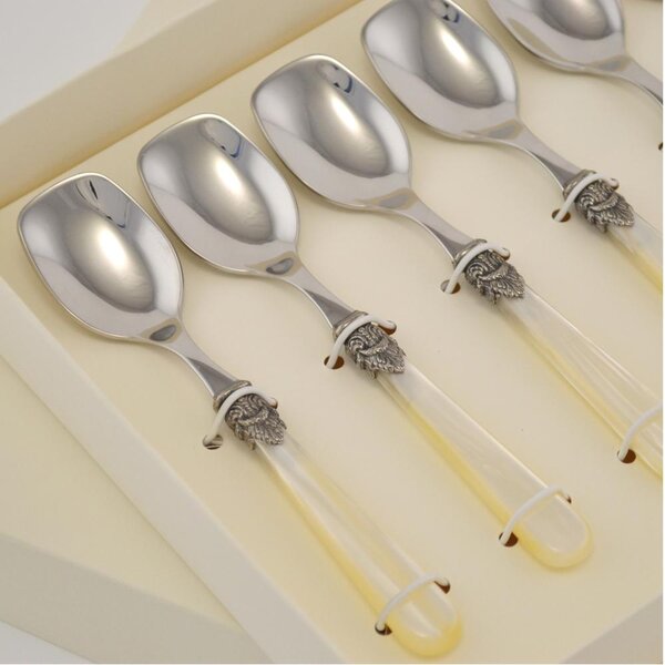 Confezione 6 Cucchiaini da Gelato NAPOLEON composizione scatolata manicatura in acrilico con ghiera lunghezza 147 mm composizione in scatolata bomboniera serigrafata