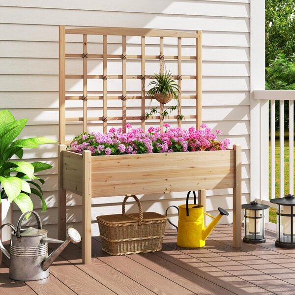 Costway Letto da giardino elevato con traliccio per rampicanti, Scaffale per piante in legno con piedi per rampicanti Naturale