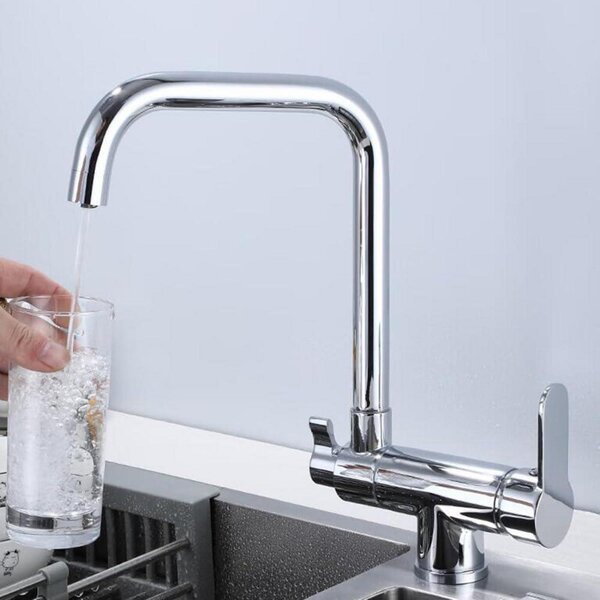 Rubinetto da cucina a 3 vie, orientabile a 360°, con due maniglie, in ottone cromato