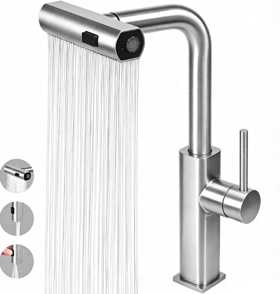 Miscelatore da cucina estraibile, a cascata, rotante a 360° con doccetta