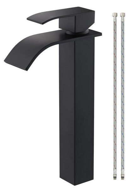 Rubinetto per lavabo a cascata, nero, miscelatore monocomando, acciaio inossidabile, altezza del beccuccio 224 mm, adatto per lavabi con un foro, completo di tubi flessibili per l'acqua da 60 cm
