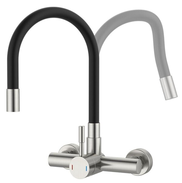 Miscelatore da cucina a parete, con tubo flessibile, girevole a 360°, nero, in acciaio inossidabile