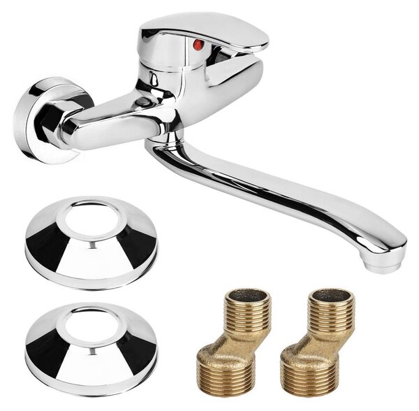 Rubinetto da cucina, montaggio a parete, miscelatore monocomando, rotazione a 360°, finitura cromata, 24 cm