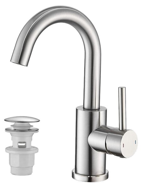 Miscelatore monocomando per lavabo, con scarico a tappo, finitura spazzolata e rotazione a 360°