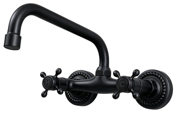 Miscelatore da cucina, montaggio a parete, nero, girevole a 180°, in ottone, 27 cm