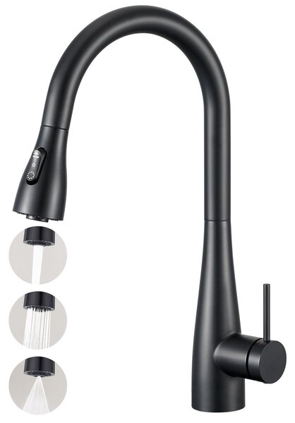 Miscelatore da cucina con doccetta estraibile, nero, monocomando, per lavello, 2 getti, acciaio inossidabile 304, alta pressione, attacco G 3/8 di pollice
