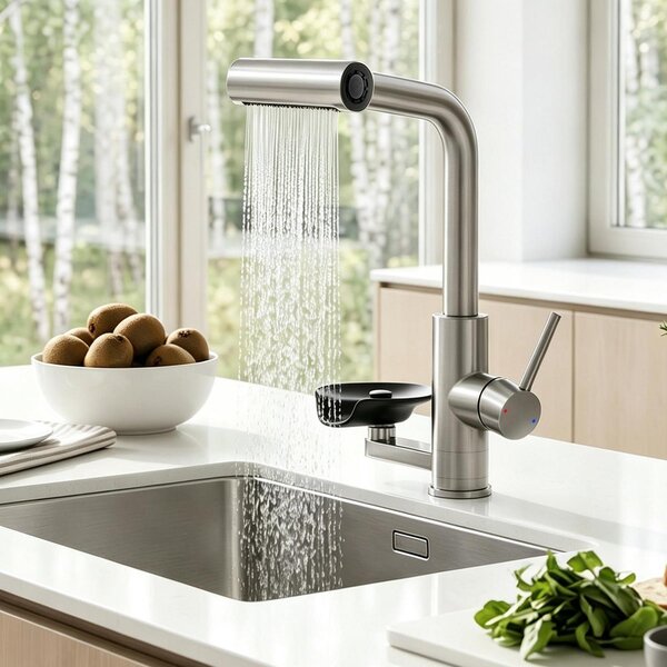 Miscelatore da cucina estraibile a cascata, finitura in nichel spazzolato, con erogatore per il vetro
