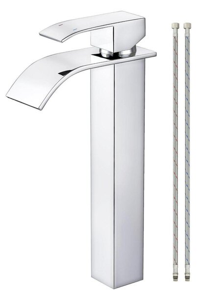 Miscelatore monocomando per lavabo, acciaio inossidabile, finitura cromata, con erogatore a cascata, altezza 224 mm