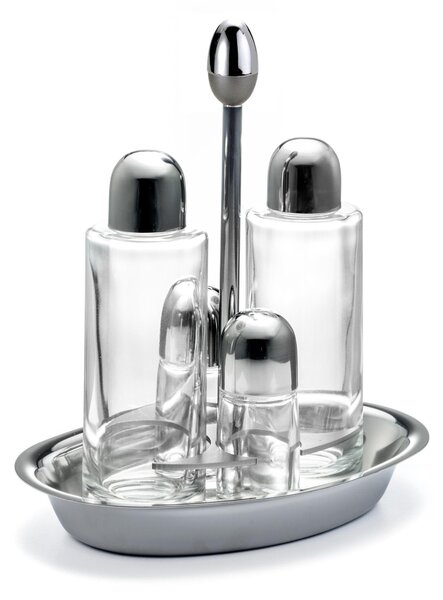 Oliera Base ovale JOINT in acciaio lucido con ampolle in vetro e tappo salvagoccia