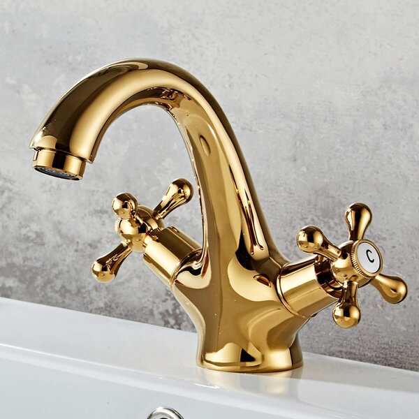 Miscelatore per lavabo, due maniglie, stile antico, ottone, maniglie a croce, finitura dorata