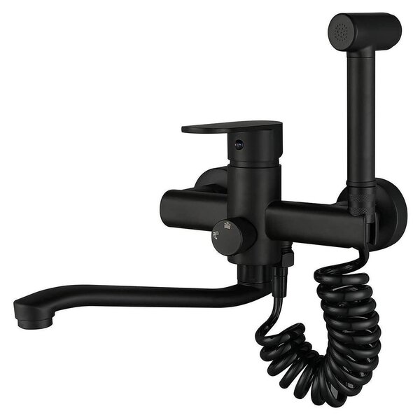 Miscelatore da cucina a parete, nero, con doccetta estraibile a 360° e bocchetta di erogazione da 25 cm
