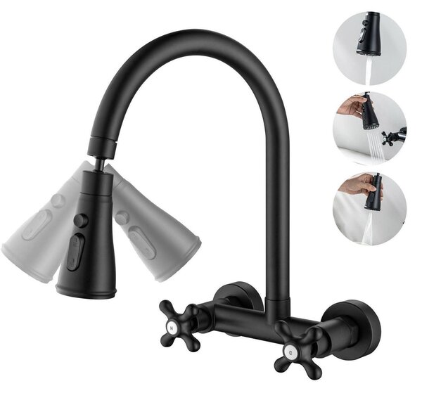 Miscelatore da cucina a parete, nero opaco, con rotazione a 360° e 3 tipi di getto, altezza 27 cm