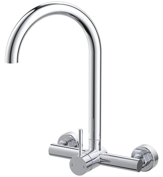 Rubinetto da cucina, montaggio a parete, cromo, 15 cm, distanza tra i fori 360°, girevole