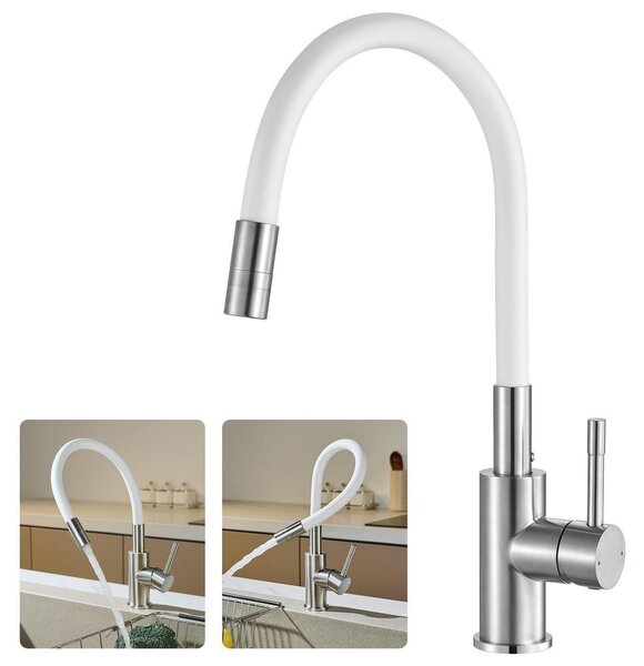 Miscelatore da cucina bianco con 2 tipi di getto, flessibile, in acciaio inossidabile 304, DVGW