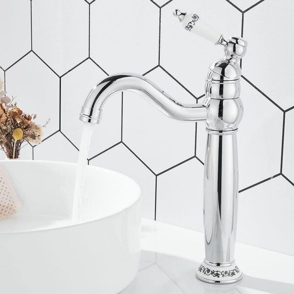 Miscelatore per lavabo, rubinetto alto, stile vintage, cromato, girevole a 360°, in ottone