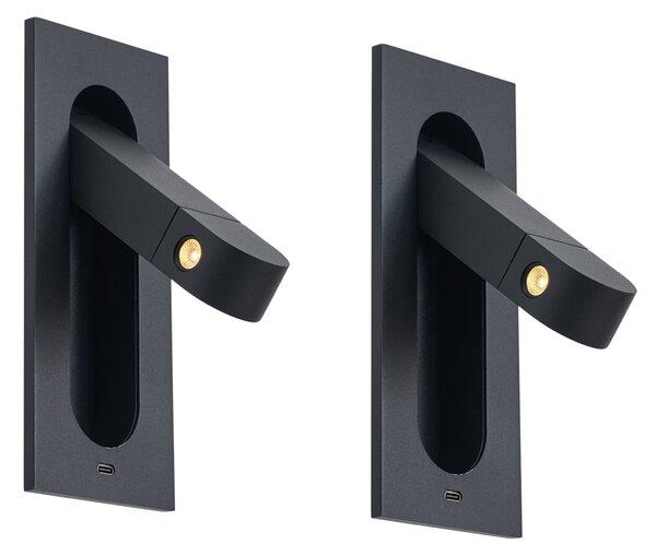 Set di 2 lampade da parete moderne nere con LED e porta USB-C - Hilton
