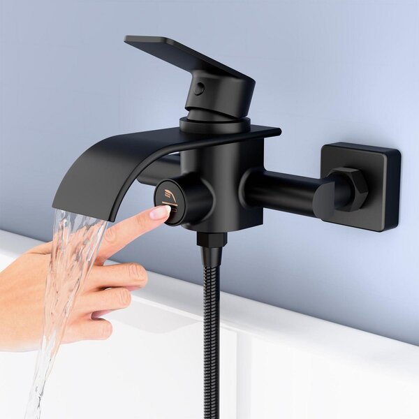Miscelatore per vasca da bagno a cascata, nero, con pulsante di attivazione, monocomando, in ottone, distanza tra i fori: 135-165 mm