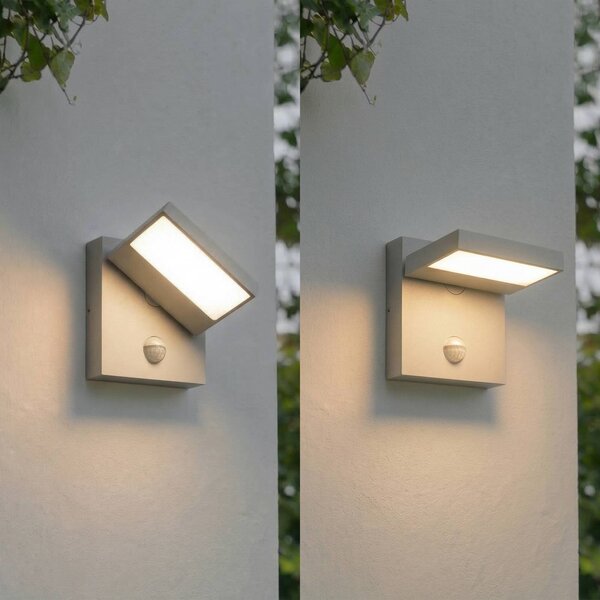 Applique da esterni LED Lucande Silvan, grigio pietra, con sensore, IP54 Silvan, Alluminio / Grigio / Zincato, Alluminio, Moderno, Applique da esterni