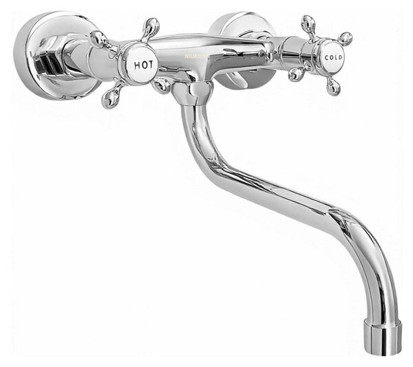 Miscelatore da cucina, montaggio a parete, due manopole, cromo, sporgenza di 25,5 cm, distanza tra i fori da 13,5 a 16,5 cm, attacco da 1/2 pollice, girevole a 360°, corpo in ottone cromato