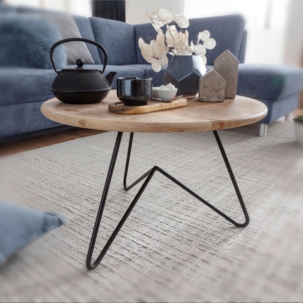 FineBuy Tavolino da caffè in legno massiccio di acacia rotondo 60 cm - Tavolino da salotto con struttura in metallo dal design moderno - Fatto a mano - Aspetto naturale e stile industriale