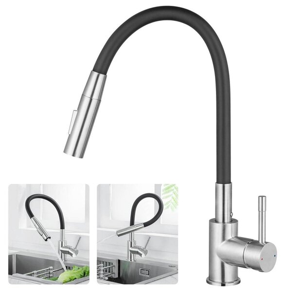 Miscelatore da cucina nero, flessibile, con 2 tipi di getto, DVGW, in acciaio inossidabile