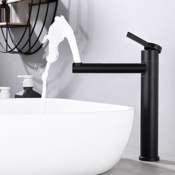 Rubinetto da bagno, colore nero, altezza 360°, bocchetta girevole, corpo in ABS, aeratore, cartuccia in Vetroceramica, miscelatore monocomando