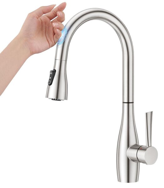 Miscelatore da cucina con sensore touch e doccetta estraibile, finitura spazzolata, 3 tipi di getto, avvio a freddo, estensione di 65 cm
