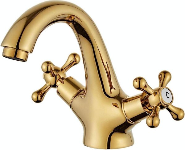 Miscelatore per lavabo a due maniglie, stile vintage, finitura dorata, con regolazione dell'acqua calda e fredda