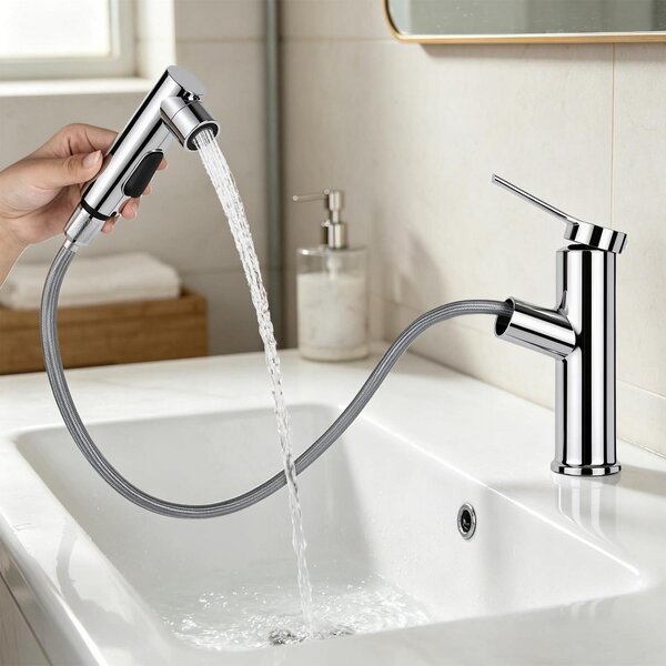 Miscelatore monocomando per lavabo con doccetta estraibile, 3 getti, finitura argento chiaro